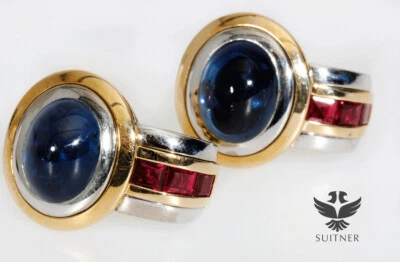 wertvolle 15,02ct. Ohrclips aus 750 Gold Burma Saphir Rubin Cabochon Sugarloaf - Bild 1 von 4