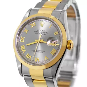 Rolex Datejust 36mm 18K Yellow Gold & Steel Slate Roman Dial Smooth Bezel 16203 - Picture 1 of 10
