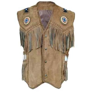 Mens Western Wear Cowboy Tan Brown Suede Leather Beaded Vest Fringe Bones NC04 - Picture 1 of 5