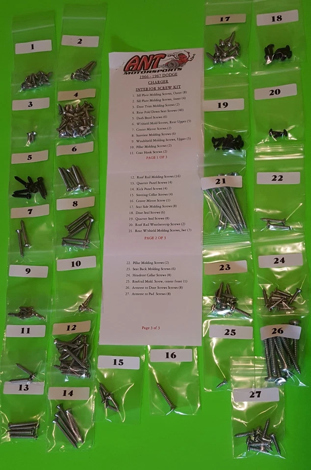 Dodge Charger 1967 kit de tornillos interiores 175 piezas Foto 1 de 1