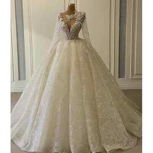 Luxury Sequins Ball Gown Wedding Dress Sheer O-neck Beaded Princess Bridal Gowns - Picture 1 of 11