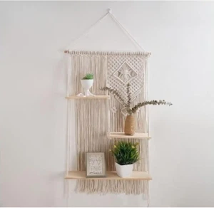 Macrame Wall Hanging Ecru Woven Wood Shelf Fringe Wood Rope Hanger 20x37" - Picture 1 of 7