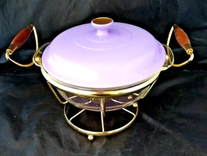 Seltene Fire King Chafing Runde Schale Kasserolle Lila Deckel Metall Halter Gold USA - Bild 1 von 14