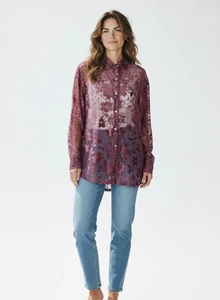 Vintage Susan Bristol Tunika Top Größe Large transparenter Samt Ausbrenner Blumen burgund - Bild 1 von 9