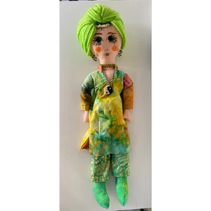 Handmade Boho Folk Art Indian Green Yin Yang Embroidered Yarn Hair Cloth Doll - Picture 1 of 6