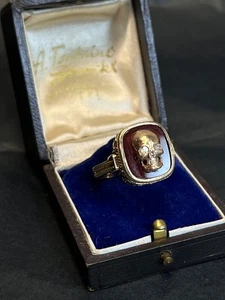 Antique 14K Gold Etruscan Men Signet Ring Diamonds Eyes Carnelian Memento Mori - Picture 1 of 19