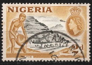 SG72 usado 1953 2d NIGERIA explotación de estaño - amarillo ocre Country Motifs 1953-58 - Imagen 1 de 2