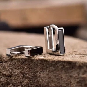 Black Enamel Square Hoop Earrings Sterling Silver 925 Geometric Hoops - Picture 1 of 2