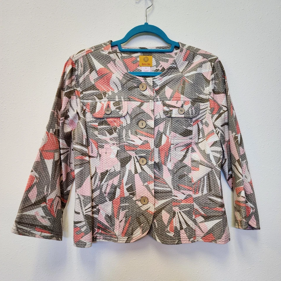 Ruby Rd Jacket Blazer S Textured Cotton Stretch Abstract Coastal Button Office - Image 1 of 4