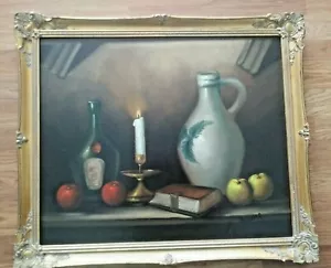 Painting Still Life w/Stoneware Jug, Lighted Candle, Wine Bottle, Book, & Apples - Picture 1 of 4