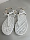 COLE HAAN Sz 8 White Patent Thong strap sandals with tiny Gold bow, gold accents