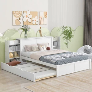 Queen Size Storage Platform Bed Frame with Twin XL Size Trundle Pull Out Shelves - Picture 1 of 9