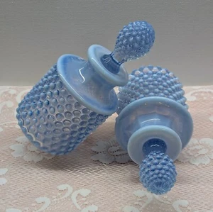 VTG Pair of Duncan & Miller Opalescent Chalcedony Blue Hobnail Perfume Bottles - Picture 1 of 12