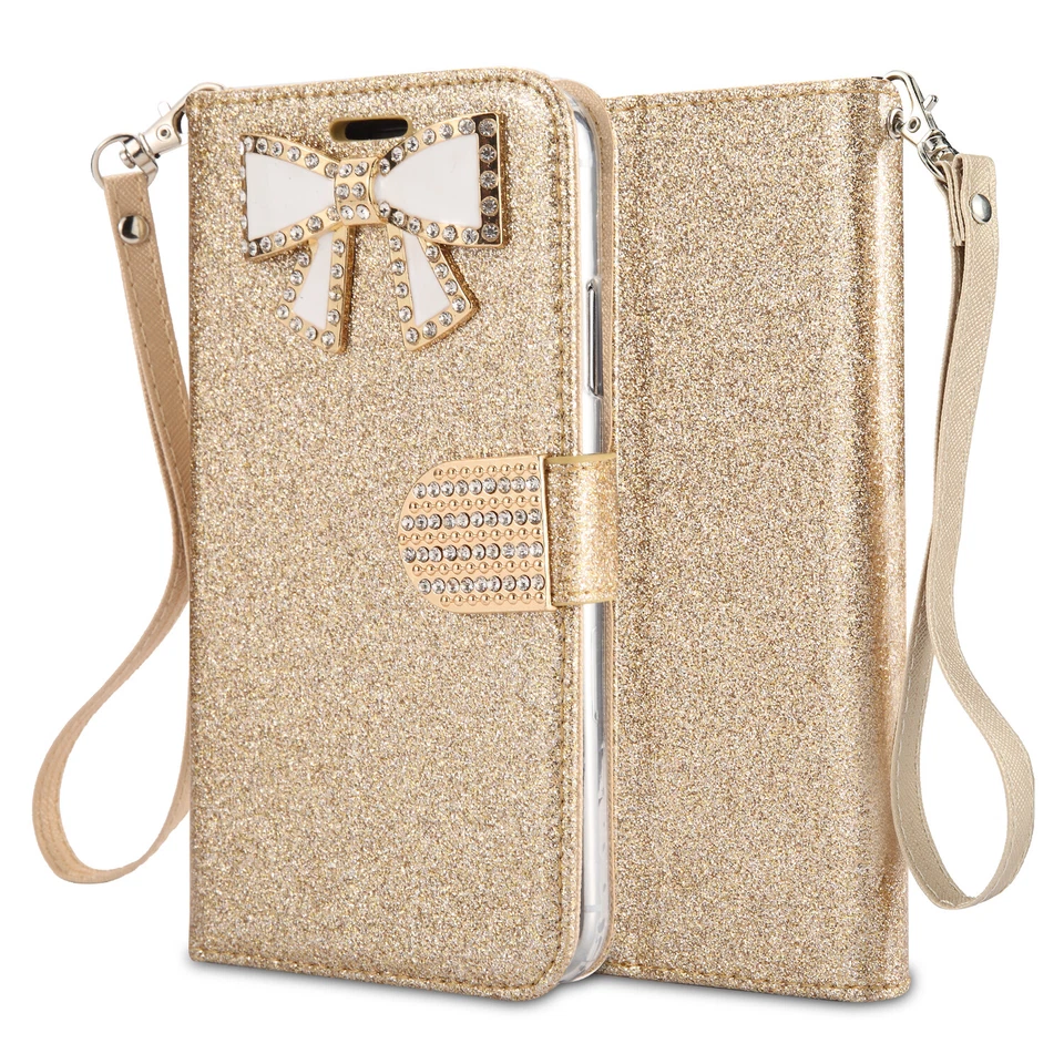 samsung A10/M10 Shiny Leather Sparkle Rhinestone Bling Flip Wallet Case - Image 1 of 4