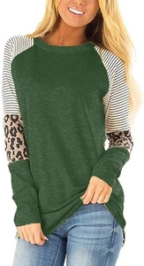 Women Casual T Shirts Leopard Print Patchwork Tops Loose Crewneck Long Sleeve - Picture 1 of 6
