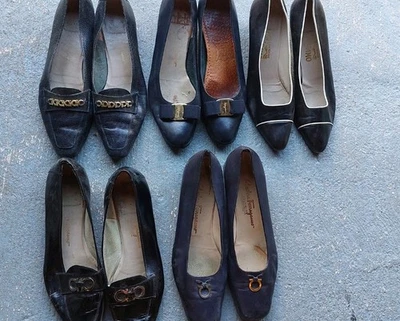 5 x Zapatos de Tacones Planos Salvatore Ferragamo Azul Negro para Damas UK7 Usados Foto 1 de 4