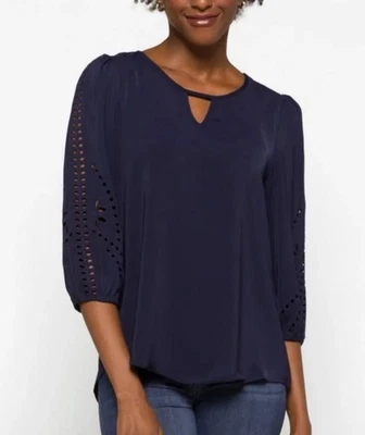 Market & Spruce Women’s XXL Top Embroidered Cutout Sleeve Blouse Navy Blue - Image 1 of 4