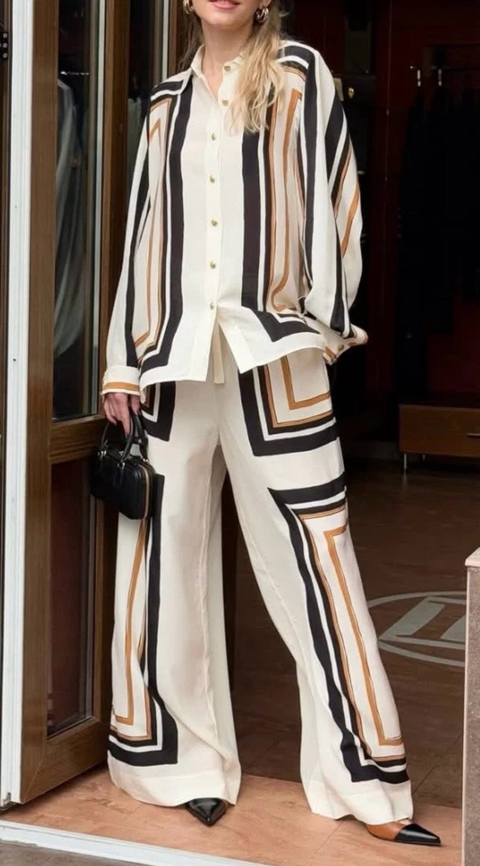 Conjunto Zimmerman Talla 0 / AU 8 / US 4 Camisa + Pantalones Rayas Pierna Ancha Resort Seda Foto 1 de 4