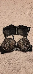 Victorias Secret Very Sexy High Neck Shoulder Push Up Black Lace Plunge Bra 36A - Picture 1 of 6