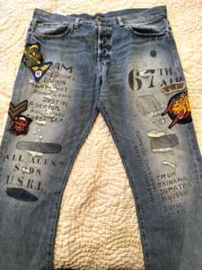 Ralph Lauren Polo Aztec Military Tiger Patchwork Sportsman Denim Patch Jeans 35 - Picture 1 of 20