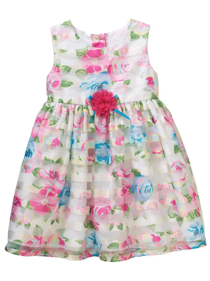 学步女孩粉色和蓝色缎面花卉复活节派对连衣裙 — 第 1/1 张图片