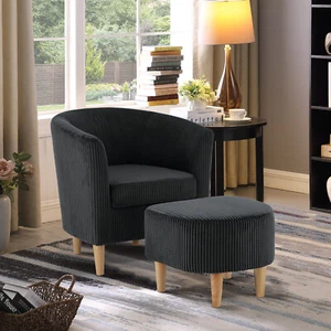  Mid Century Accent Chair with Ottoman Modern Comfy Barrel Chair Footrest Set  - Picture 1 of 21