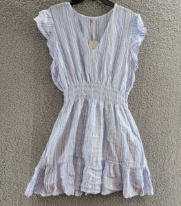 Rails Tara Smocked Dress Women's L Napoli Stripe Linen Blend V-Neck Pullover S/S - Picture 1 of 14