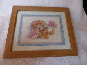 B Norris Signed Print Teddy Bear Flowered Straw Hat Holding a Sunflower Framed - Picture 1 of 5