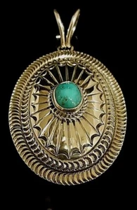 Sterling Silver Turquoise Concho Signed Navajo Blue Pendant June Delgarito - Picture 1 of 12