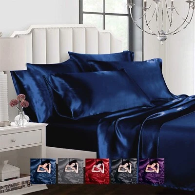 New Ahmedani Linen 6Pcs Queen Satin Duvet Cover Sheets Set 4 Pillowcases-Navy - Image 1 of 4