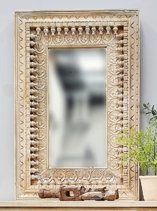 Small Hand Carved Vintage Indian Solid Timber Shabby Chic Boho Wall Mirror - Picture 1 of 7