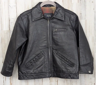 Jaqueta de couro genuíno infantil M 7/8 motociclista zíper completo flanela Children's Place Moto - Imagem 1 de 4
