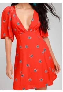 Free People 0 Mockingbird Coral Red Floral Print Backless Mini Viscose Dress - Picture 1 of 7