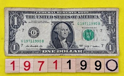 1971 1990 Tombstone Year Note 1s Nines 7 FW Fancy Serial Number One Dollar Bill - Image 1 of 4