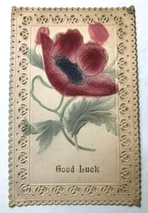Vintage Blumen Postkarte - geprägtes Airbrush Relief - Blumenspitze - viel Glück - Bild 1 von 2