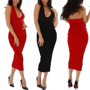 Damen Bodycon Neckholder Midikleid V-Ausschnitt Ripp Reißverschluss - Bild 1 von 16