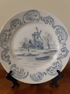 Vintage Windmill 9.5" Hand Painted Dinner Plate White Blue - Picture 1 of 6