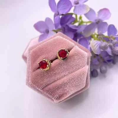 Yellow Gold Finish Round Cut Red Ruby 4 Claw Stud earrings - Gift Box Included - Image 1 of 4