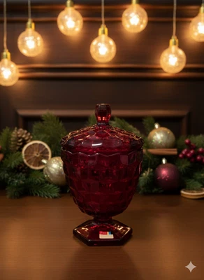 Ruby Red FOSTORIA AMERICAN Candy Dish Covered Jar 2056 Hexagon Foot - VTG - NWT - Image 1 of 4