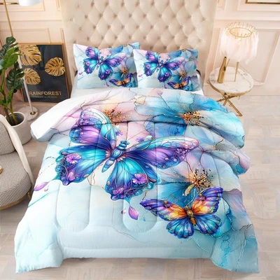 Colcha borboleta mármore aquarela 3D, 3 peças aquarela azul roxo degradê... - Imagem 1 de 2