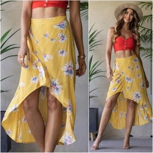 Lunik Women's True Wrap High Low Midi Maxi Skirt in Yellow Floral - Picture 1 of 11
