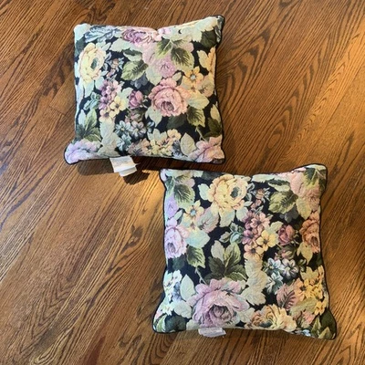 VTG Pair Tapestry Pillow Cabbage Roses Floral Cottage Core Forest Fairy - Image 1 of 4