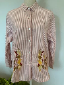 BECHAMEL Womens Size Large Petites Red Striped Collar Embroidered Roosters Shirt - Picture 1 of 6