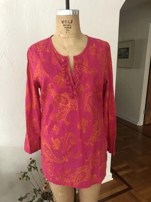 Blusa túnica naranja vibrante cachemira J MCLAUGHLIN algodón fucsia volantes cuello en V L Foto 1 de 4