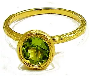18K Solid Yellow Gold and Green Peridot Round Solitaire Stackable Ring - Picture 1 of 5