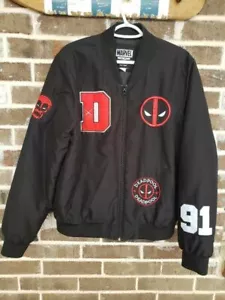 Deadpool Marvel Mens Bomber Jacket Black 91 Zipper Pockets Mandarin Collar L - Picture 1 of 6