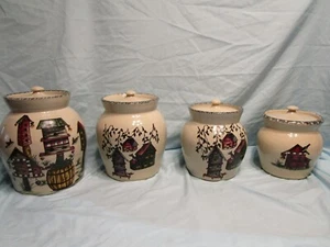 Home and Garden LTD Birdhouse Crock Stoneware Vintage  Set Of 4 Canisters - Picture 1 of 12