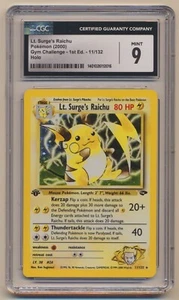CGC 9 Pokemon Gym Challenge 1st Edition Holo Rare Lt. Surge's Raichu 11/132 MINT - Picture 1 of 2