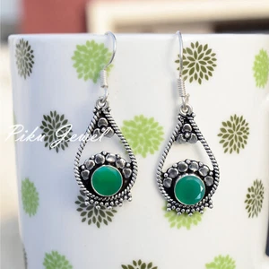 Orecchini in argento sterling 925 con pietra preziosa onice verde multi ultim... - Foto 1 di 6