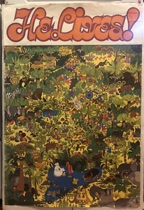 Vtg 1971 Hippie Poster HE LIVES! Nature Eden Utopia ART Animals Peace 23x34” - Picture 1 of 10